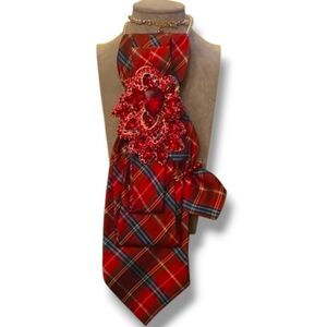Ted Baker Red Plaid Folded One Of A Kind Cravat With Large Brooch And Pearl Pin